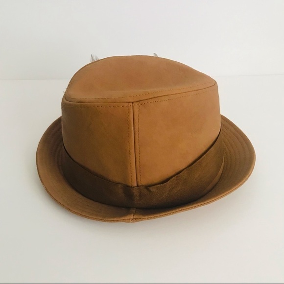 Faux Leather Fedora Brown Tan Feathers Hat - Picture 5 of 8
